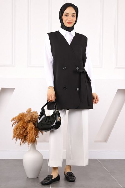 İmajButik Black Side Tie Buttoned Crepe Vest