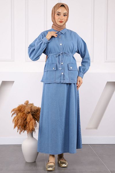 İmajButik Μπλε τζιν κοστούμι με μπουφάν και φούστα