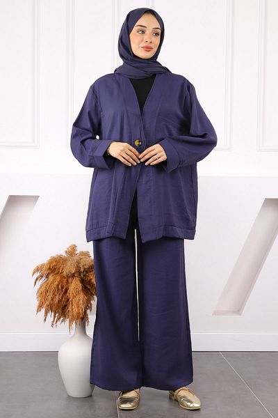 İmajButik Σκούρο μπλε μπουφάν με ένα κουμπί και κοστούμι παντελόνι