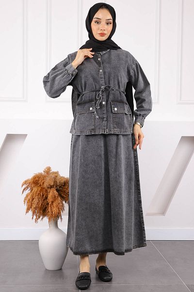 İmajButik Anthracite Pocket Jacket Skirt Denim Suit