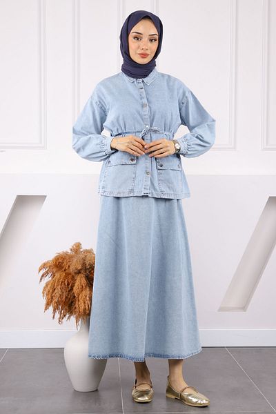 İmajButik Light Blue Pocket Jacket Skirt Denim Suit