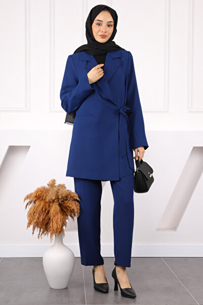 İmajButik Navy Blue Side Tie Crepe Jacket Pants Suit