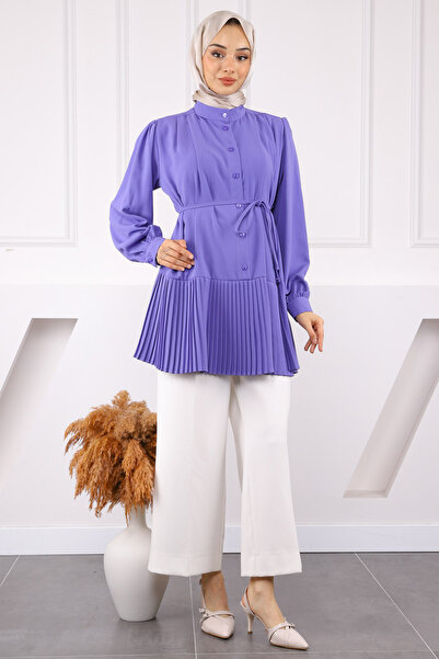 İmajButik Fusta Liliac Tunica cu curea cu talie plisata
