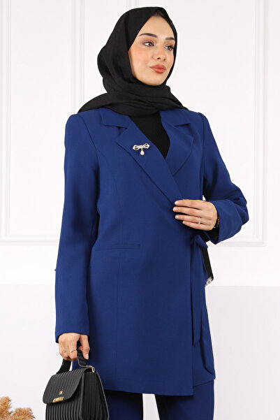 İmajButik Navy Blue Side Tie Crepe Jacket Pants Suit