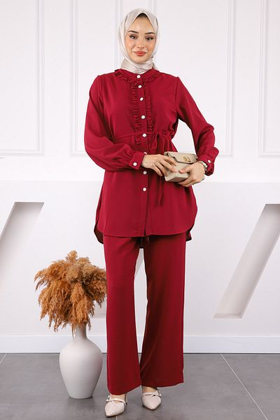 İmajButik Σετ Linda με μπορντό βολάν μπροστά και παντελόνι τουνίκ