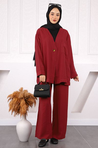 İmajButik Claret Red Μπουφάν με ένα κουμπί και παντελόνι