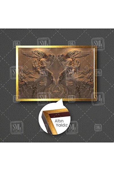 SML TABLO Mermer Kabartma Efektli Melek Kanat Çerçeveli Yatay Kanvas Tablo