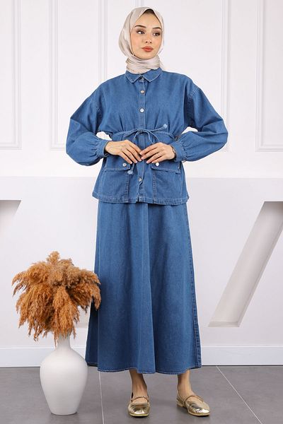 İmajButik Σκούρο μπλε τζιν κοστούμι με μπουφάν και φούστα