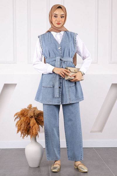 İmajButik Blue Pearl Detailed Denim Vest Trousers Suit