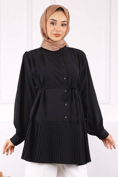 İmajButik Μαύρη φούστα με πλισέ χιτώνα με ζώνη στη μέση