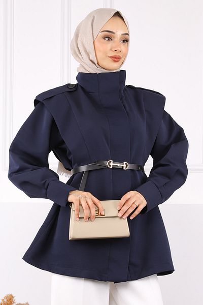İmajButik Καμπαρντίνα με ζώνη με επωμίδες ώμου Navy Blue