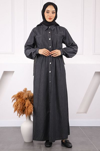 İmajButik Μαύρο τζιν φόρεμα με ελαστική μέση με κουμπιά
