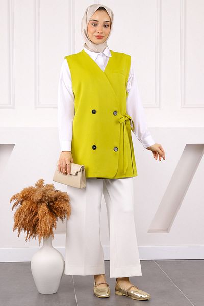 İmajButik Oil Green Side Tie Buttoned Crepe Vest