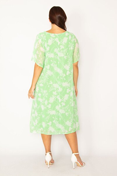 Şans Women's Large Size Green Lined Slit Sleeve Chiffon Dress 65n28127