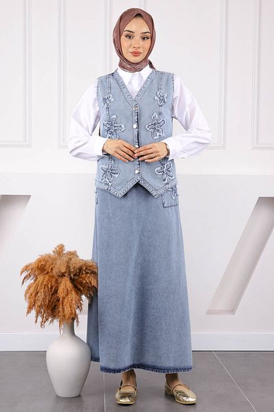 İmajButik Blue Floral Embroidered Vest Skirt Denim Suit