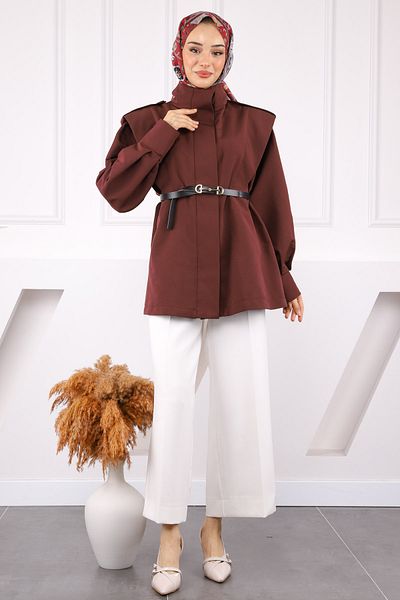 İmajButik Καμπαρντίνα με ζώνη με επωμίδες ώμους