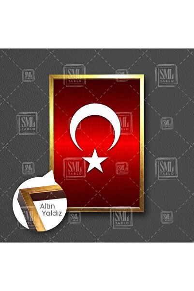 SML TABLO Metalik Kırmızı Türk Bayrağı Asil Çerçeveli Dikey Kanvas Tablo