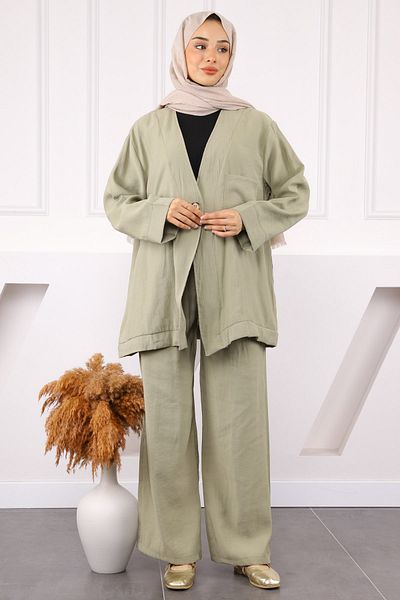 İmajButik Χακί Μπουφάν με ένα κουμπί με παντελόνι