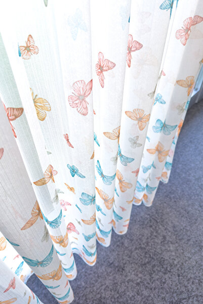 Naza Tül Perde Butterfly Keten Zemin Renkli Kelebekli Yeni Sezon Tül Seyrek Pileli