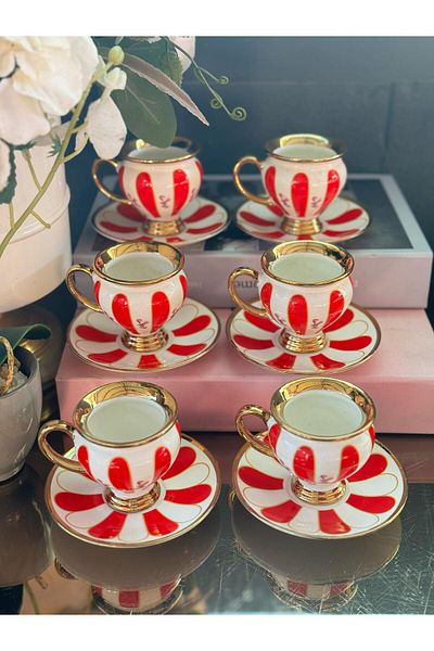 hinezahome Porcelain Scarlet Red Footed Gold Detailed Cup Set for 6 People