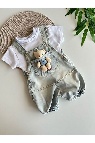 Cimcime Bebe Gray White Color Teddy Bear Baby Denim Salopet