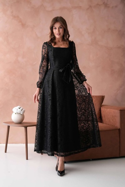 Masspera Kare Yaka Uzun Kollu Fransız Tül Dantel Tasarım Maxi Boy Abiye Elbise