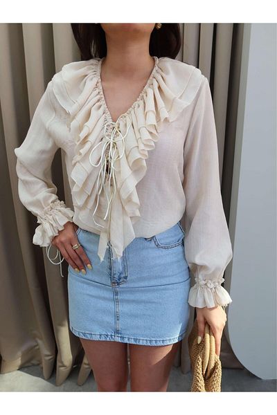 Julidress Beige V-Neck Ruffle Detailed Blouse Shirt
