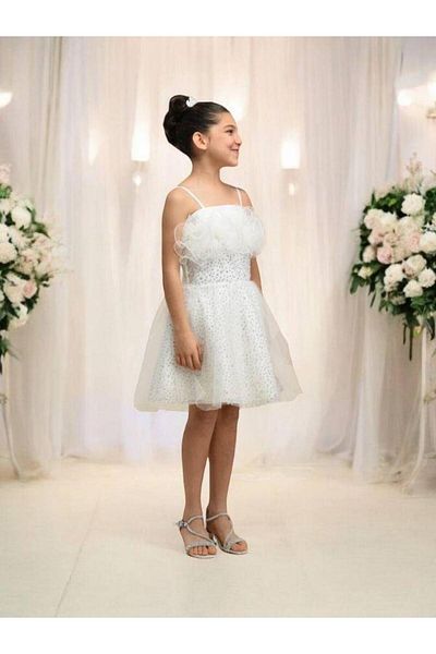 Zekids Girl's Flower Detailed and Glitter Embroidered Design Evening Dress
