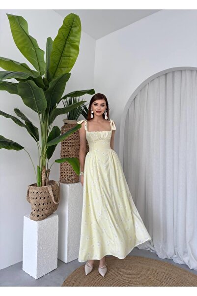 Julidress Çiçek Desenli Bağlamalı Korse Detaylı Piliseli Midi Boy Premium Elbise