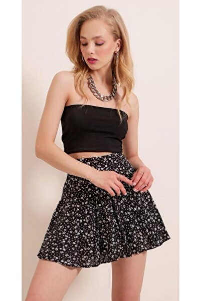 B.HE.Z Чорна міні-спідниця з еластичним поясом і квітковим принтом - жіночі шорти з принтом