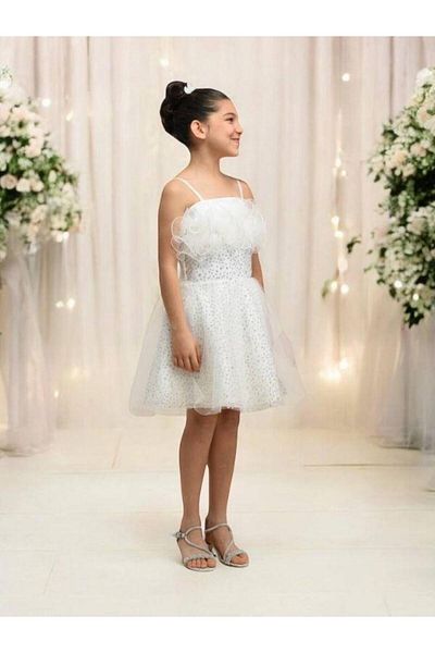 Zekids Girl's Flower Detailed and Glitter Embroidered Design Evening Dress