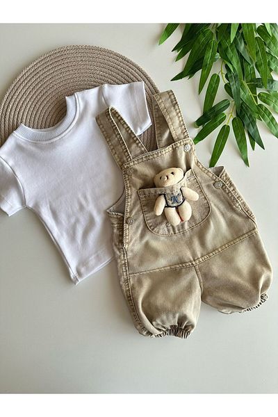 Cimcime Bebe Brown White Color Teddy Bear Baby Denim Salopet
