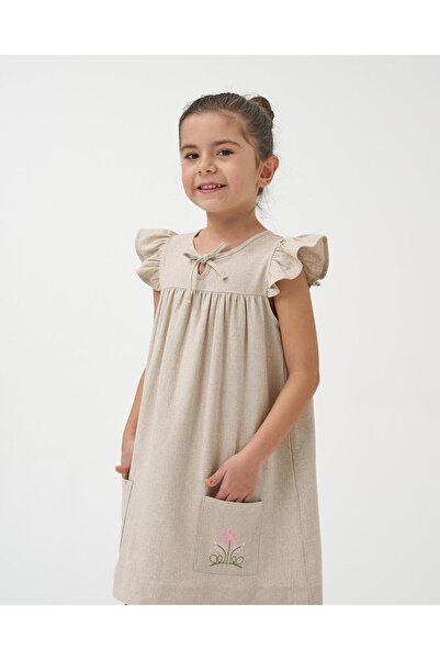 Magu Φόρεμα κοριτσίστικο λινό μπεζ φλοράλ κεντημένο με βολάν μανίκι