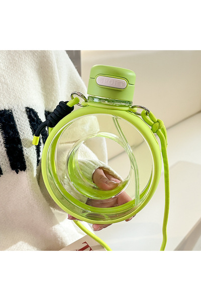 Livava Round Water Bottle 750 Ml, with Hanger and Straw, Green, 20X16