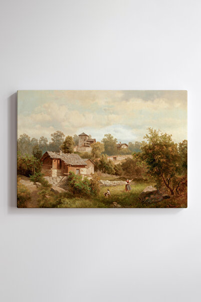 epiqart Alpine Landscape with Villagers - Canvas Painting
