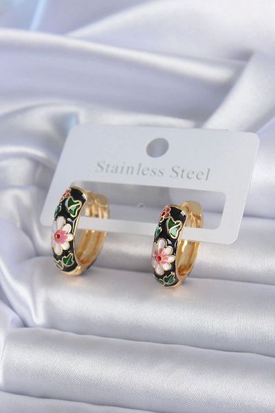 STOREMAX 316L Steel Gold Color Black Flower Engraving Women's Earrings - Tj-Bkp7892