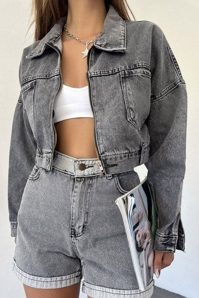 CoolLook Yıkamalı Uzun Kollu Gömlek Yaka Fermuarlı Göğüs Cepli Kısa Crop Günl...