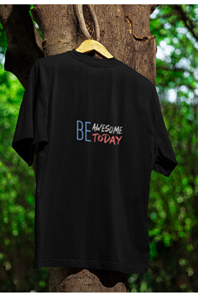 MG تي شيرت BE AWESOME TODAY مطبوع للجنسين برقبة دائرية من القطن مقاس كبير وأك...