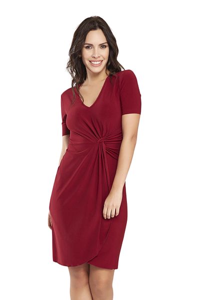 Laranor Burgundy V-Neck Waist Twisted Detail Double Breasted Skirt Dress 24L7539