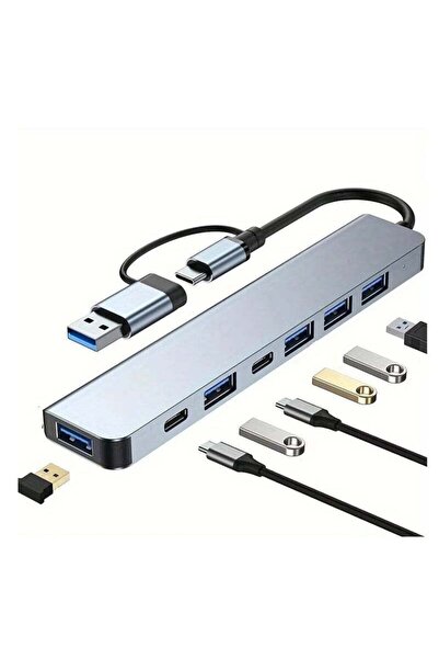 Digital USB C + USB Type A Hub 7 in1, USB C Adapter with Two USB-C Ports, USB 3.0