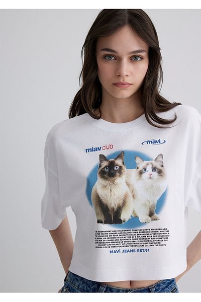 Mavi tricou crop pentru femei cu imprimeu pisica