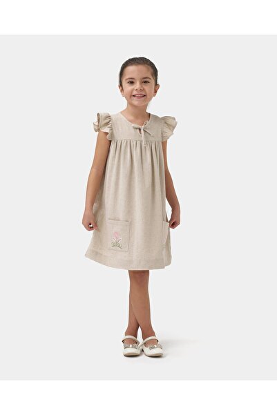 Magu Φόρεμα κοριτσίστικο λινό μπεζ φλοράλ κεντημένο με βολάν μανίκι