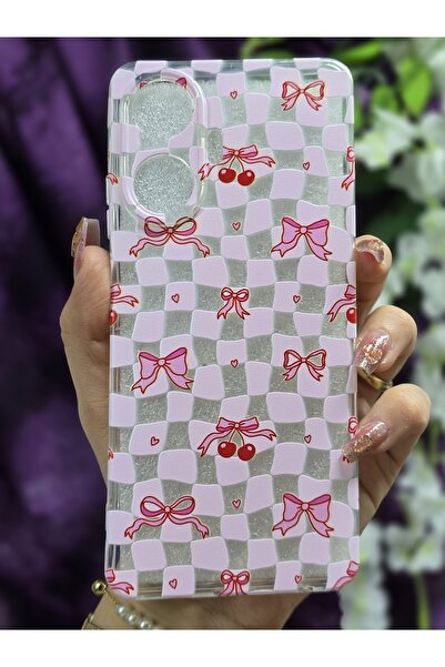Realme C55 Compatible Silicone Transparent Phone Case with Ribbon and Cherry Pattern