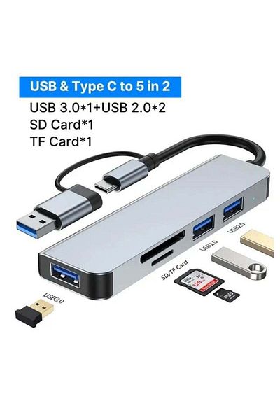SP USB C + USB Type A Hub 5 in1, USB C Adapter with Two USB-C Ports, USB 3.0, SD / TF Card Reader