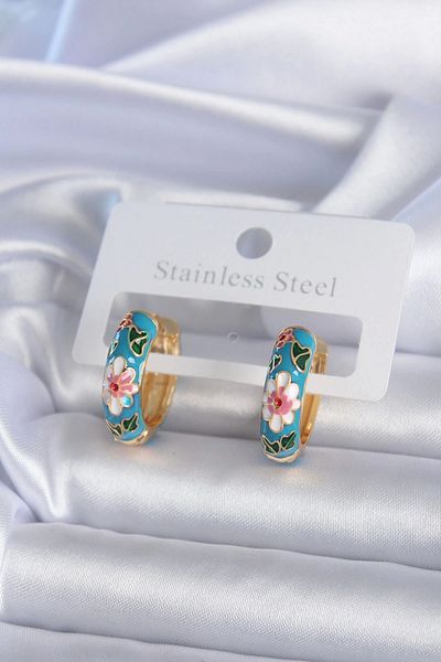 STOREMAX 316L Steel Gold Color Blue Flower Embroidery Detail Women's Earrings - TJ-BKP7893