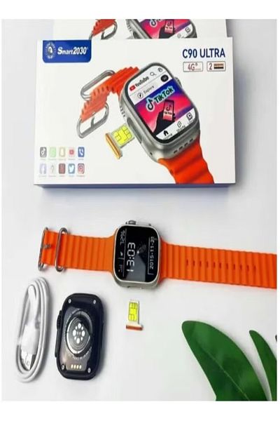 Smart C90 Ultra Smart Watch 4G Android, Support SIM & Google Play, with 2 Straps (Black).