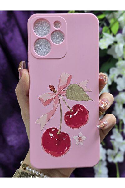 Magic Ring Xiaomi Redmi 12 Uyumlu Kiraz Desenli Pembe Silikon Telefon Kılıfı