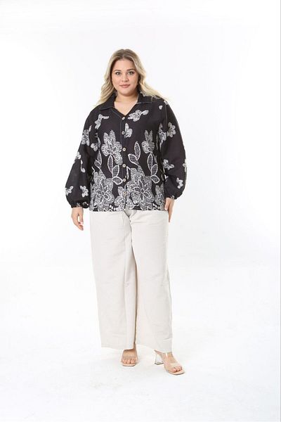 Butik Nilyam Γυναικείο Σετ Λινό Παντελόνι Πουκάμισο με μανίκια με μπαλόνι 24749
