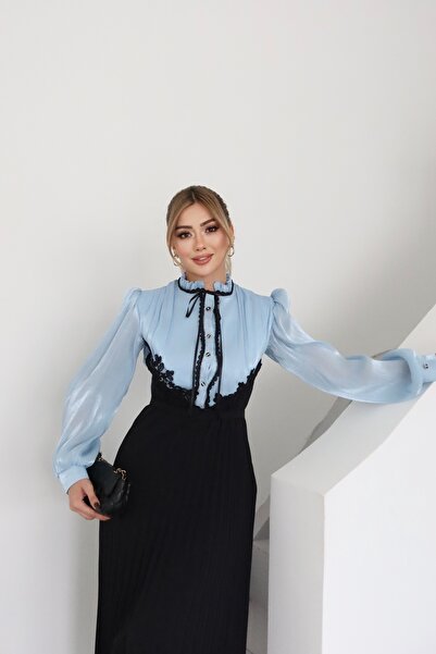 1Moda1Tarz Rochie de damă din țesătură din șifon Yoryo, argintiu, importată, cu dantelă, cu pliuri, căptușită cu panglică, cu design special