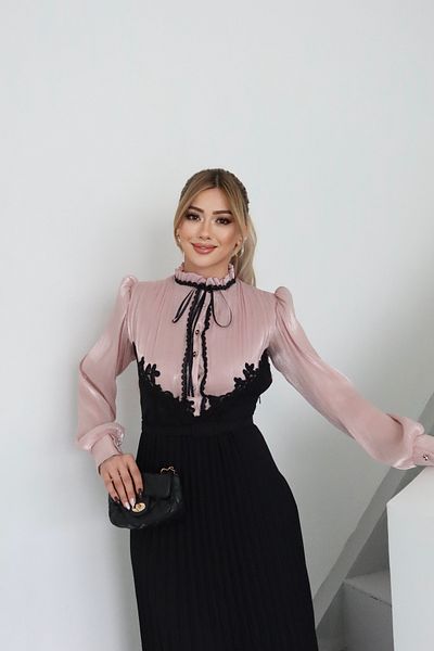 1Moda1Tarz Γυναικείο εισαγόμενο ασημί Yoryo σιφόν ύφασμα δαντέλα Λεπτομερές πλισέ με κορδέλα με επένδυση ειδικού σχεδίου